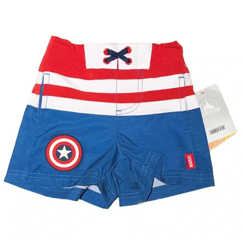 New Disney Store Marvel Captain America Toddler Boys 2T Blue Swim Shorts Trunks